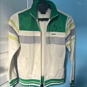 Le Coq Sportif Green and White Bomber Jacket with Color Block Design
